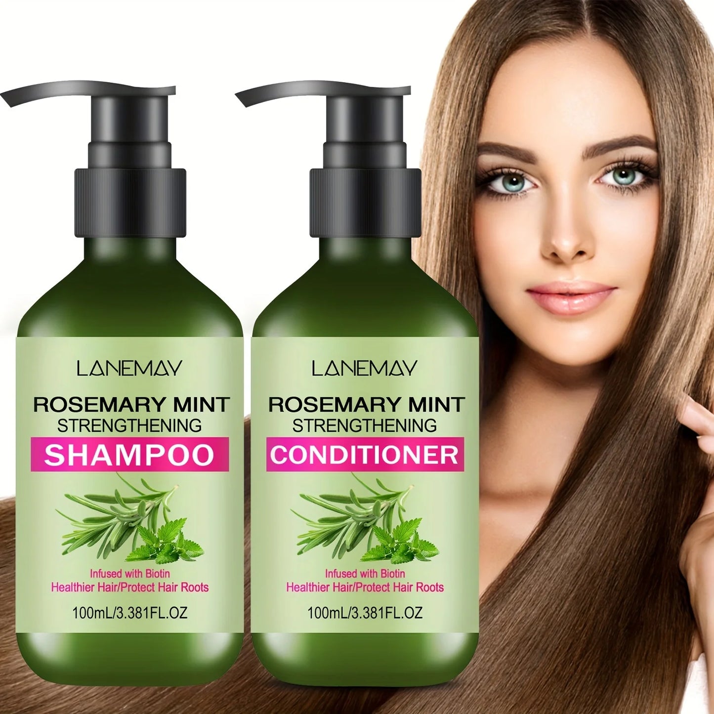 2PCS Rosemary Mint Strengthening Shampoo and Conditioner Set, Moisturizing with Rosemary Extract for Healthier, Stronger Hair