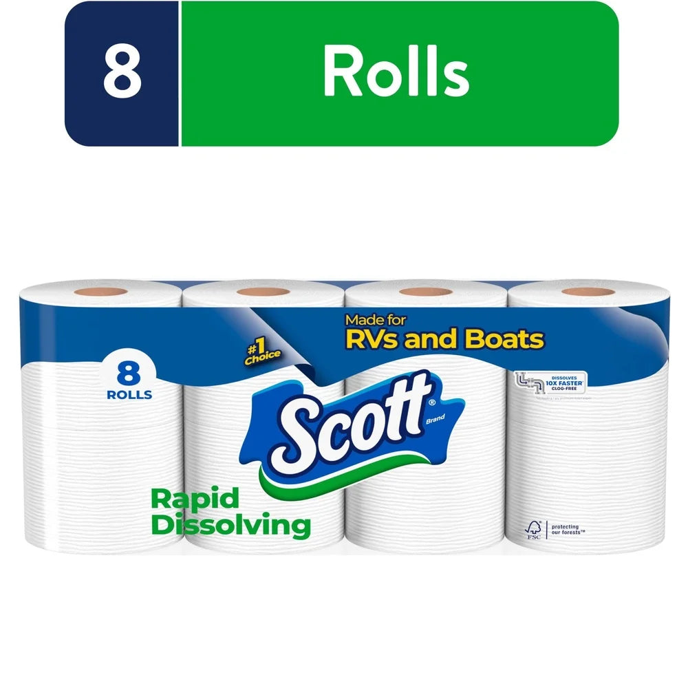 Rapid Dissolving Toilet Paper RVs Boats Septic Safe Clog Free 1 Ply 8 Double Rolls Unscented 1848 Sheets Perforated