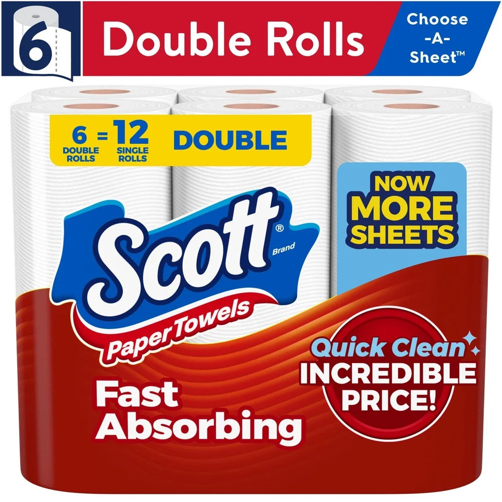 Paper Towels Choose-A-Sheet 6 Double Rolls Lint-Free Absorbent Disposable Sheets FSC Certified Perforated Kitchen Cleaning