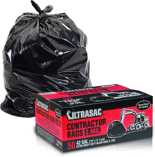Heavy Duty 42 Gallon Contractor Trash Bags, 3 MIL Thick, 50 Pack with Ties for Construction and Commercial Use