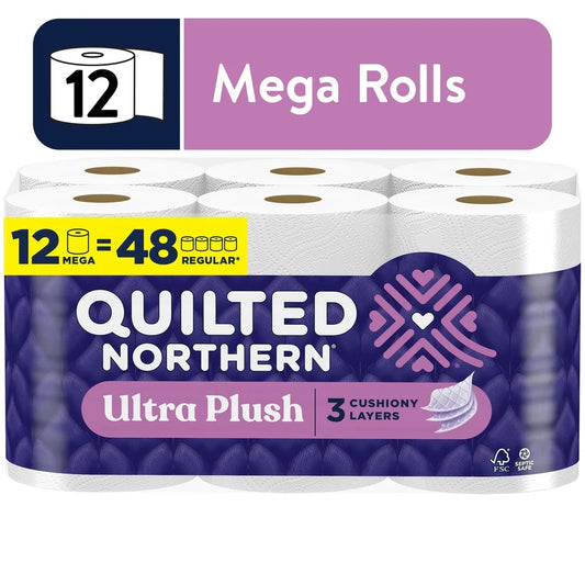 Ultra Plush 3-Ply Toilet Paper Bulk Pack 12 Mega Rolls Soft Absorbent Lint Free 255 Sheets Per Roll Septic Safe Premium Comfort
