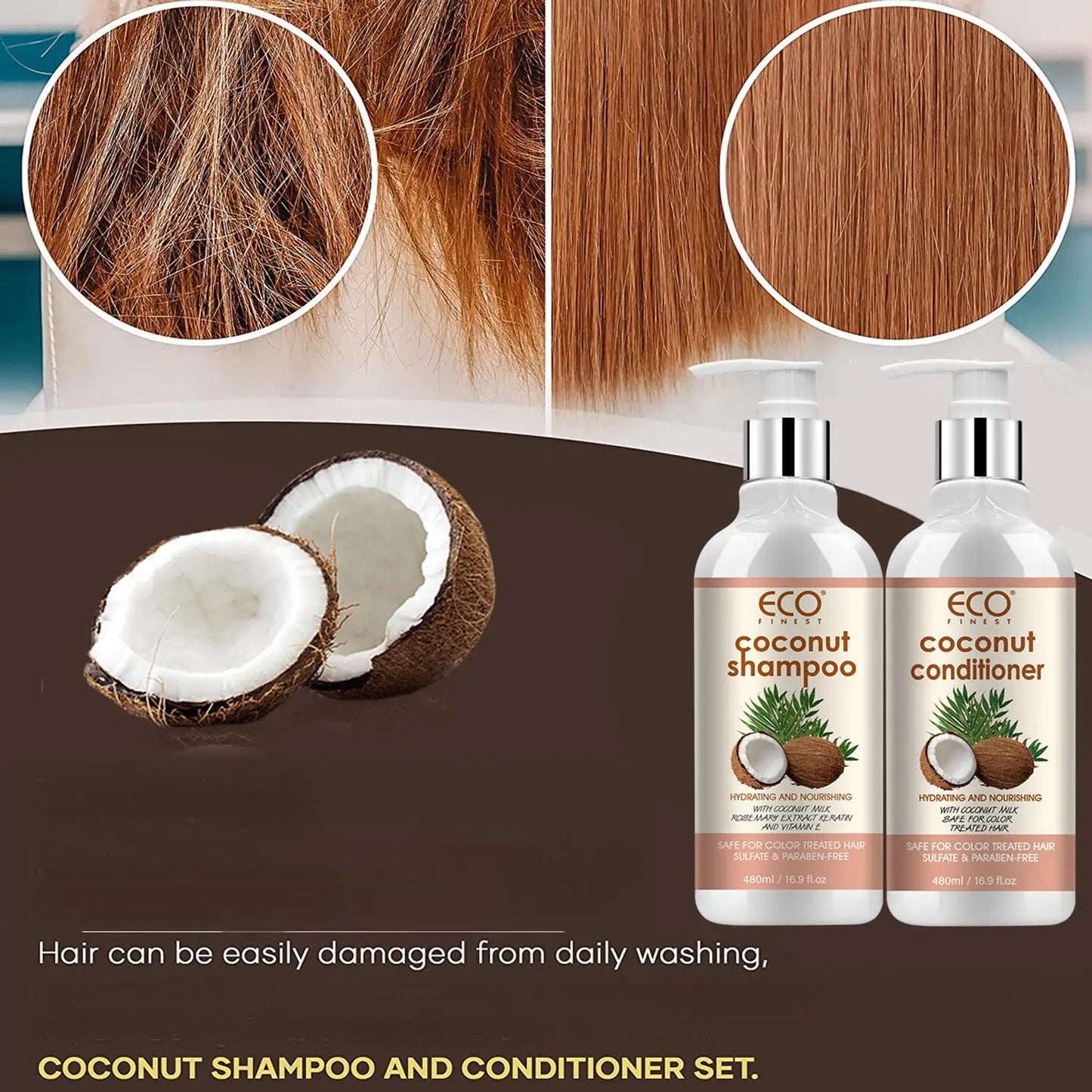 72H Shine Extra Volume Coconut Shampoo & Conditioner Set for Thin Hair 500ml Silicone-Free Formula to Enhance Hair Fullness