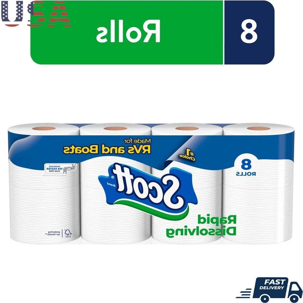 Rapid Dissolving Toilet Paper RVs Boats Septic Safe Clog Free 1 Ply 8 Double Rolls Unscented 1848 Sheets Perforated