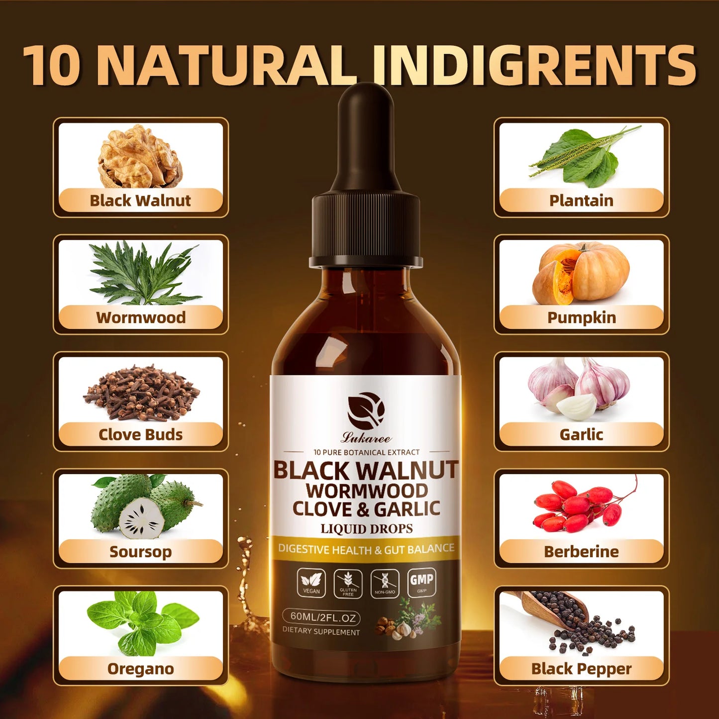 Lukaree 60ML Black Walnut Drop with Wormwood Clove & Garlic Support Digestion and Immune Health, Detoxify the Body Antioxidant