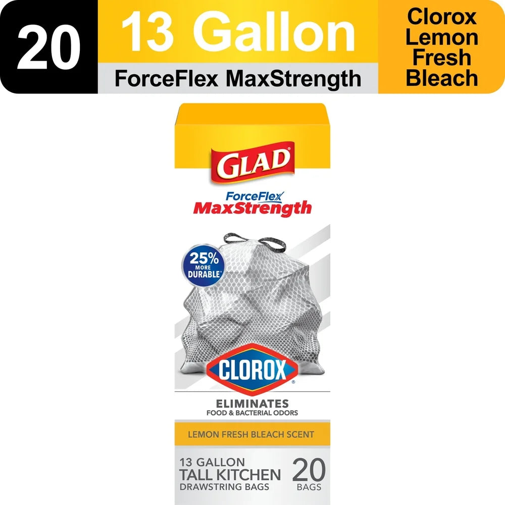 ForceFlex MaxStrength Kitchen Trash Bags 13 Gallon Drawstring Scented Odor Control Leakproof Tear Resistant Durable 20 Bags