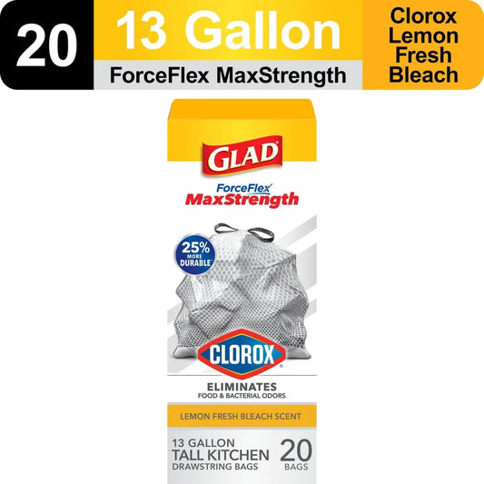 ForceFlex MaxStrength Kitchen Trash Bags 13 Gallon Drawstring Scented Odor Control Leakproof Tear Resistant Durable 20 Bags