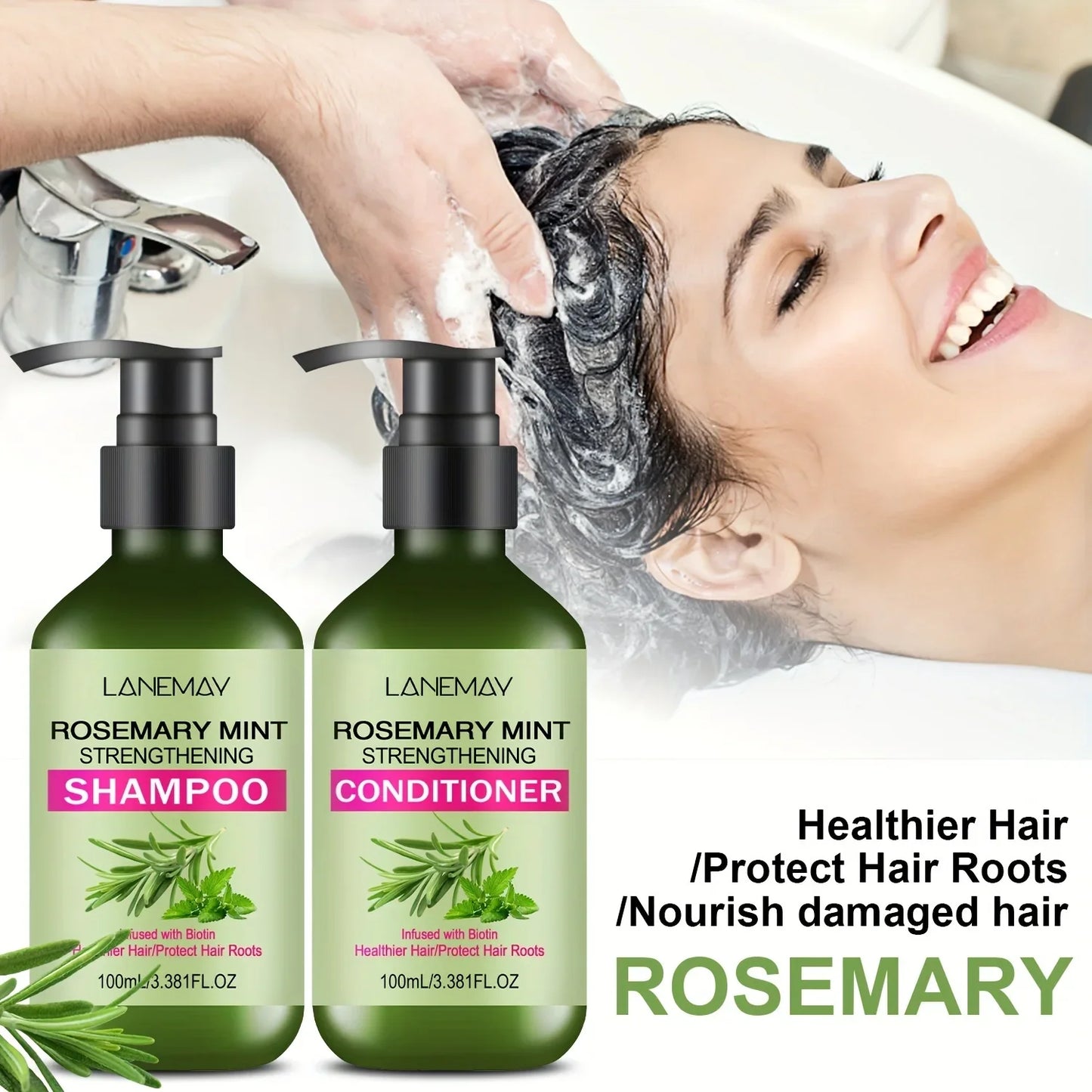 2PCS Rosemary Mint Strengthening Shampoo and Conditioner Set, Moisturizing with Rosemary Extract for Healthier, Stronger Hair