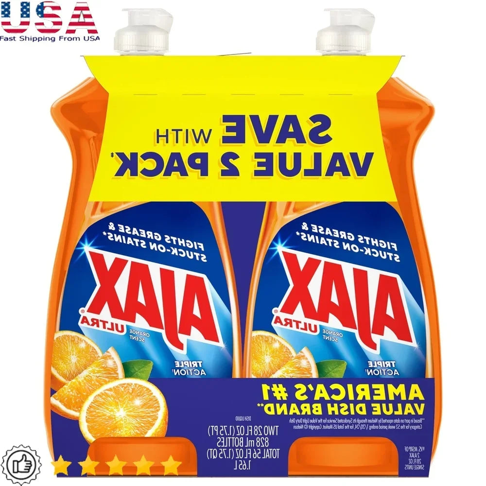 Ultra Liquid Dish Soap Orange Scent Triple Action 28 oz 2 Pack Effective Cleaning Non Toxic Grease Cutter Odor Fighting Kitchen