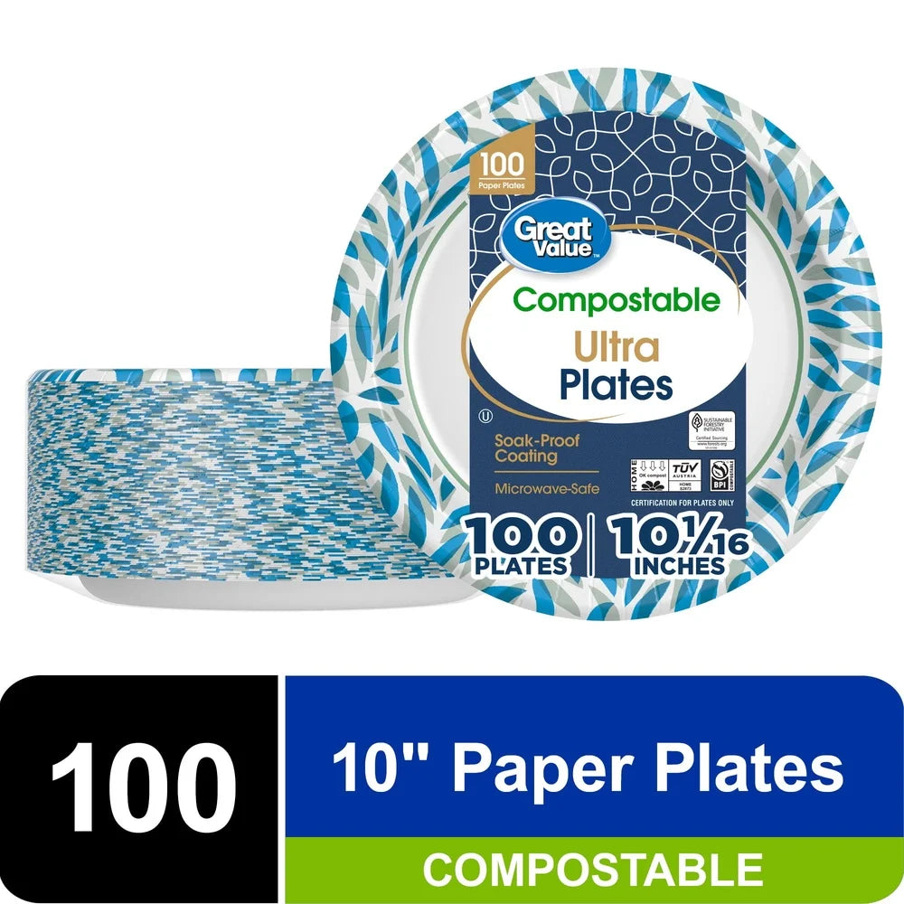 Disposable Compostable Paper Plates 10 Inch 100 Count Heavy Duty Microwave Safe Soak Proof Perfect Parties Events Gatherings