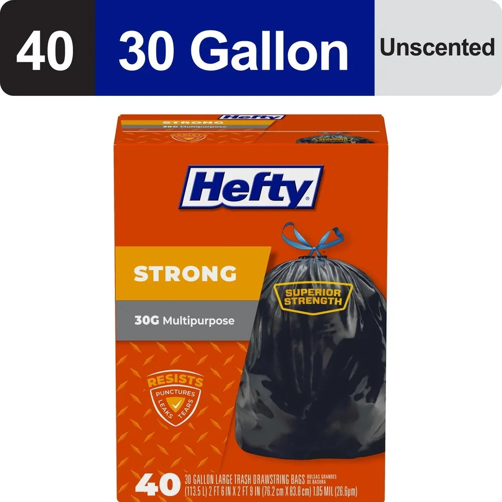 Strong Large Trash Bags 30 Gallon Heavy Duty Drawstring Unscented Puncture Resistant Multipurpose Black Garbage Bags 40 Count