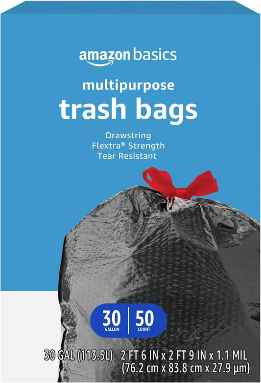 30 Gallon Heavy-Duty Drawstring Trash Bags, 50 Count - Multipurpose & Tear-Resistant for Easy Use